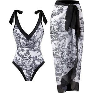 Women Swimsuits V Neck Floral One Piece with Cover Up, Black Flower